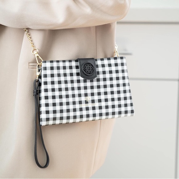 Nanette Lepore Triple Convertible Wallet on a String Black/White Gingham - Picture 1 of 7